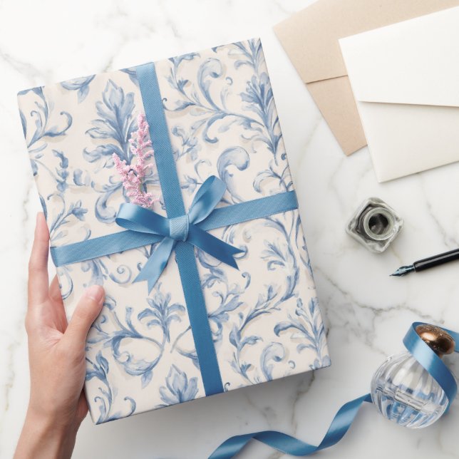 Papier Cadeau Mariage Cream Blue Leaf Fête de Mariée  (Cadeaux)