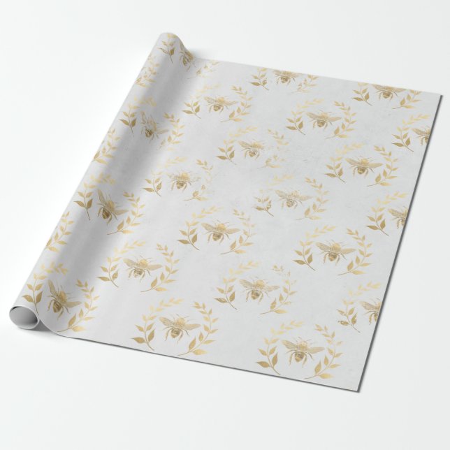Papier Cadeau Mariage d'abeille blanche et d'or  (Déroulé)