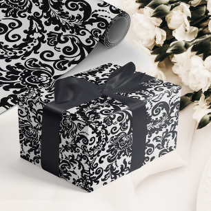 Papier Cadeau Mariage damassé florale moderne noir & blanc éléga