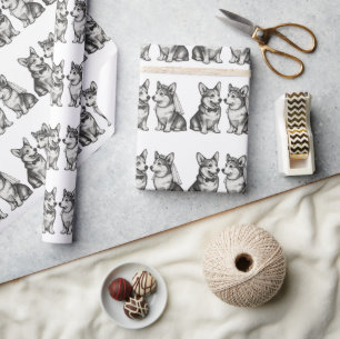 Papier Cadeau Mariage de Corgi Vintage Noir et Blanc Fantaisiste