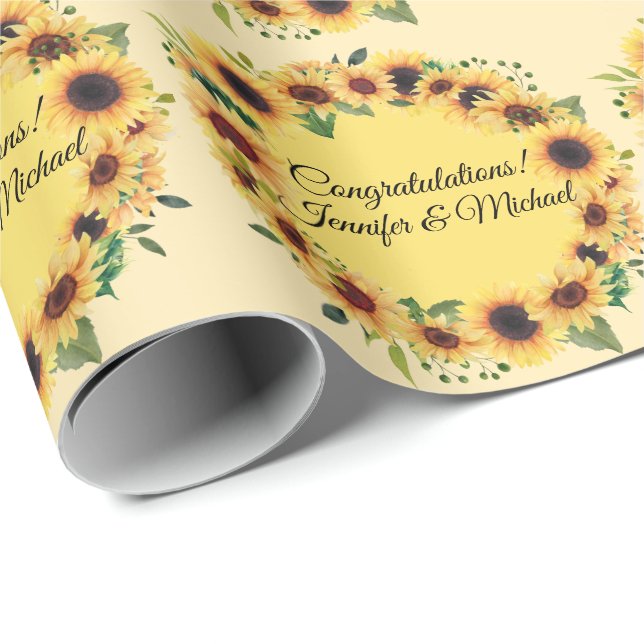 Papier Cadeau Mariage de tournesol Félicitations Ajouter des nom (Coin rond)