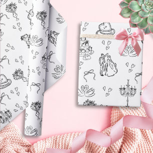 Papier Cadeau Mariage Dessiné à la Main Mignon et Fantaisiste