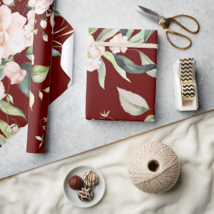 Papier Cadeau Mariage Élégant au Eucalyptus Rouge et Verdure