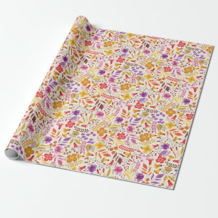 Papier Cadeau Mariage Fleur de Boho Orange Violet Feuillage