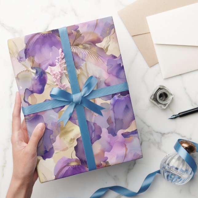 Papier Cadeau Mariage Fleuris Iris Or Violet Romantique (Cadeaux)