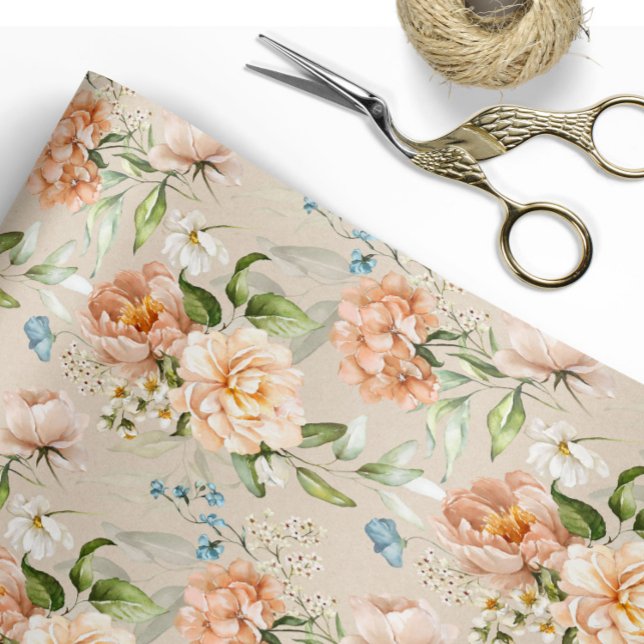 Papier Cadeau Mariage Fleurs Aquarelle Motif Floral Rose & Pêche (Créateur téléchargé)