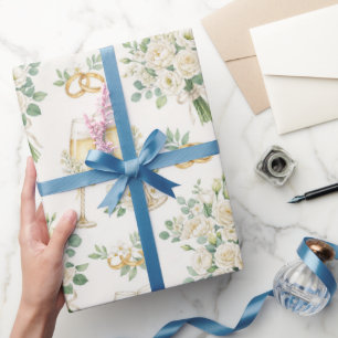 Papier Cadeau Mariage Fleurs Blanches Feuillage