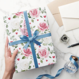 Papier Cadeau Mariage Fleurs de Rose Coeurs Baby Shower