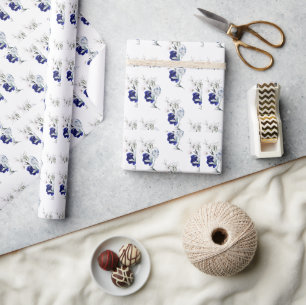 Papier Cadeau Mariage Floral Bleu Poussiéreux Élégant