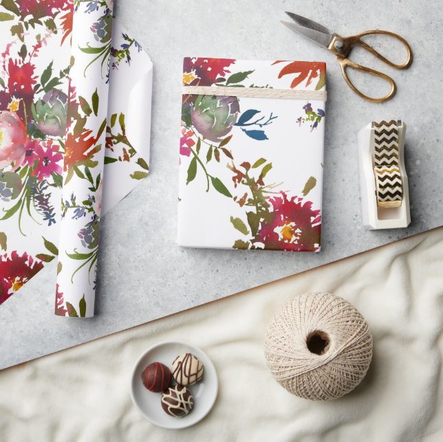 Papier Cadeau Mariage Floral Bohème Élégant Rouge  (Artisanat)