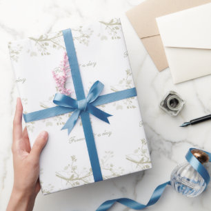 Papier Cadeau Mariage floral Branches d'oiseau Crème Bleue