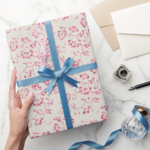 Papier Cadeau Mariage Floral Pailleté Rose Crème Romantique