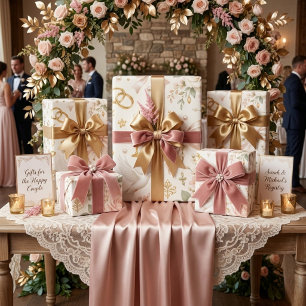 Papier Cadeau Mariage Floral Rose Gold et Colombes avec Anneau
