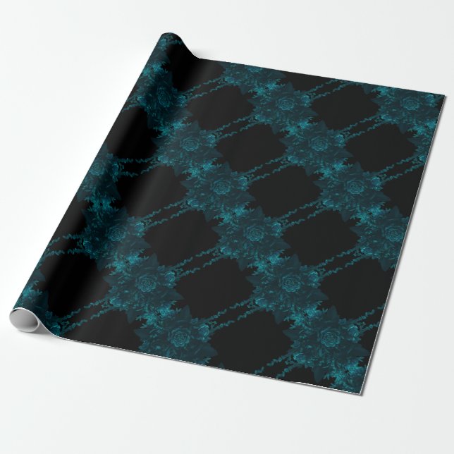 Papier Cadeau Mariage gothique noir Rose turquoise (Déroulé)