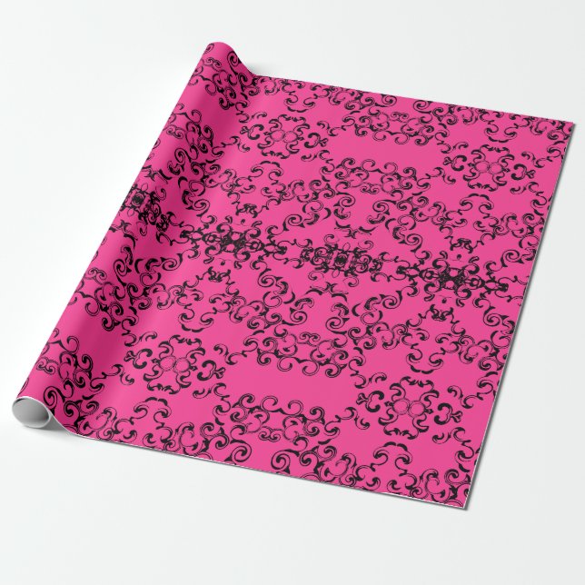Papier Cadeau Mariage gothique rose chaud et noir (Déroulé)