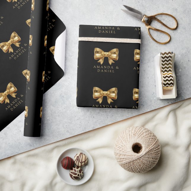 Papier Cadeau Mariage Luxe Noir et Or  Ruban Doré (Artisanat)