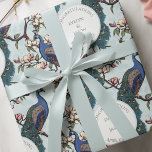 Papier Cadeau Mariage Paon et Fleurs Bleu Botanique<br><div class="desc">Ce papier d'emballage Mariage Paon et Fleurs Bleu Botanique présente un motif de style Chinoiserie composé de paons bleus et sarcelles dessinés à la main, perchés sur des branches d'arbre Magnolia en fleurs sur un fond bleu doux élégant. Tout le texte est modifiable. Personnalisez le titre, les noms et la...</div>