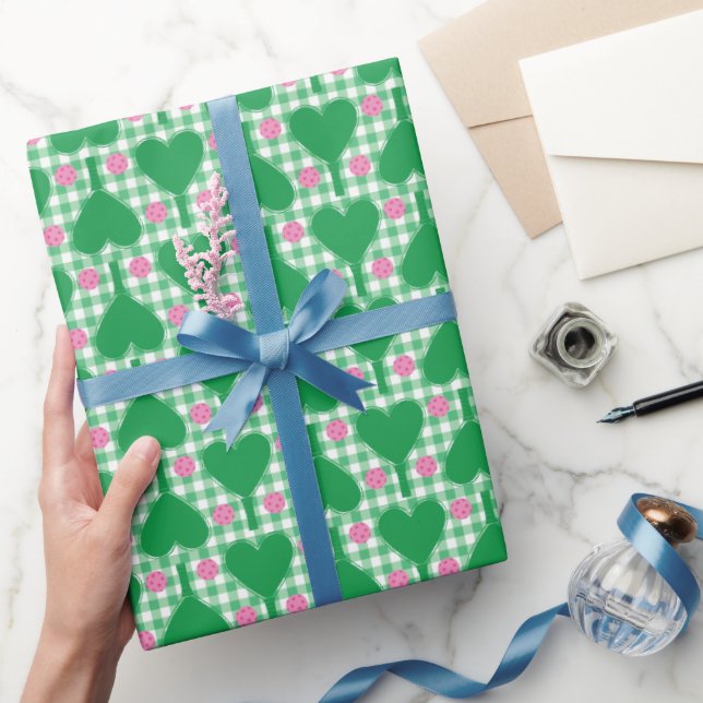 Papier Cadeau Mariage Prépa Vert et Rose Gingham Pickleball (Cadeaux)