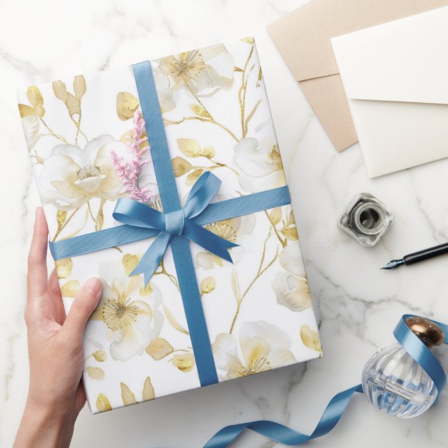 Papier Cadeau Mariage Romantique Doré Blanc Floral Fête de Marié (Cadeaux)