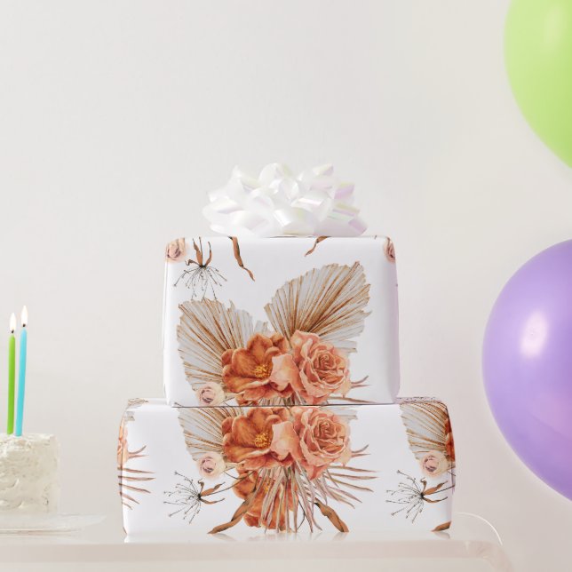 Papier Cadeau Mariage rustique bohème aux fleurs orange brûlé (Cadeaux de fête)