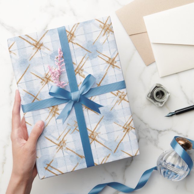 Papier Cadeau Mariage Thème Rayures Or Bleu Et Blanc (Cadeaux)