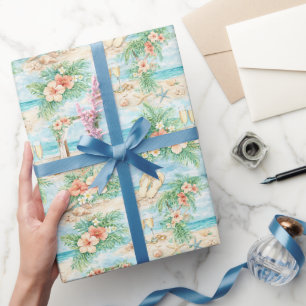 Papier Cadeau Mariage Tropical Aquarelle Hibiscus Océan Anneaux