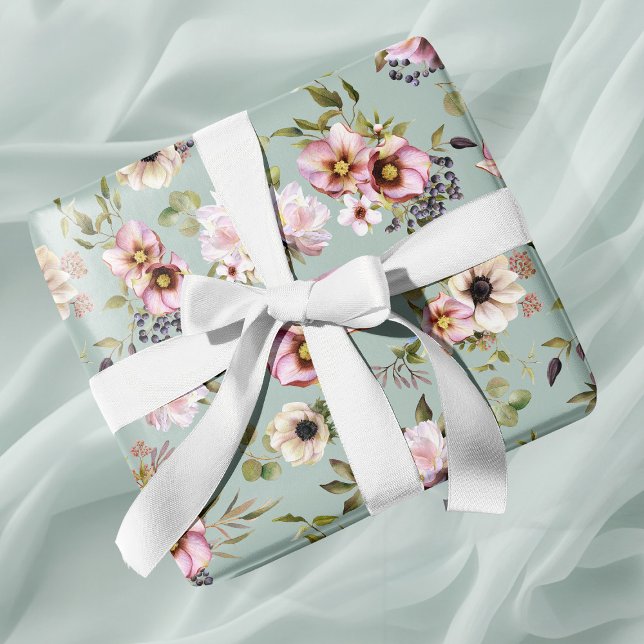 Papier Cadeau Mariage vert Peony Garden Sage (Peony Garden Sage Green Wedding Wrapping Paper)