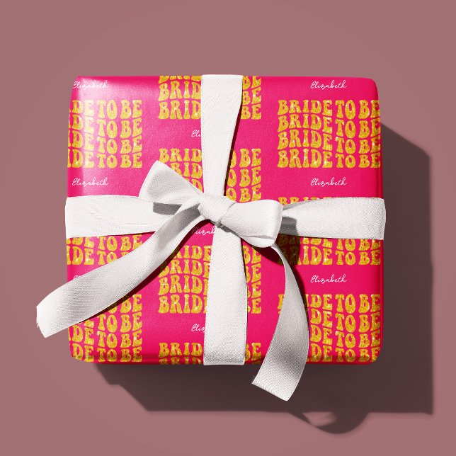 Papier Cadeau Mariée à être Texte Pailleté Or avec Nom, Rose (Créateur téléchargé)