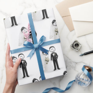 Papier Cadeau Mariés Figurine Bâton Mariée et Marié