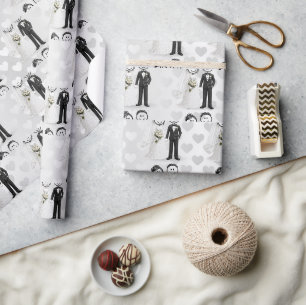 Papier Cadeau Mariés Figurine Bâton Mariée et Marié sur des Cœur