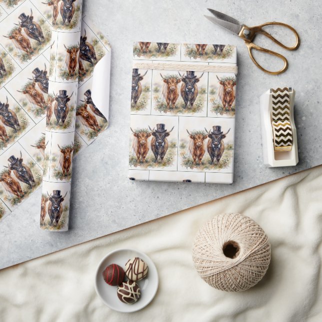 Papier Cadeau Mariés vache écossaise robe de mariée (Artisanat)