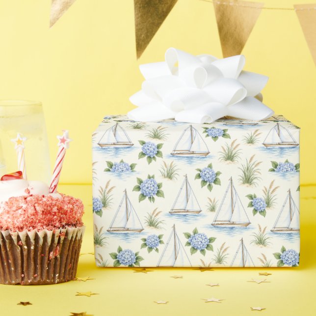 Papier Cadeau Marin Hydrangea Bleu Voilier Hampton (Fête d'anniversaire)