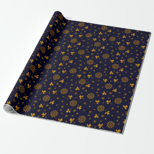 Papier Cadeau Marine Blue Faux Gold Foil Floral Feuilles