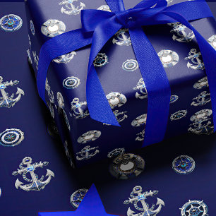 Papier Cadeau Marine de luxe et Pearl Blanc thème nautique