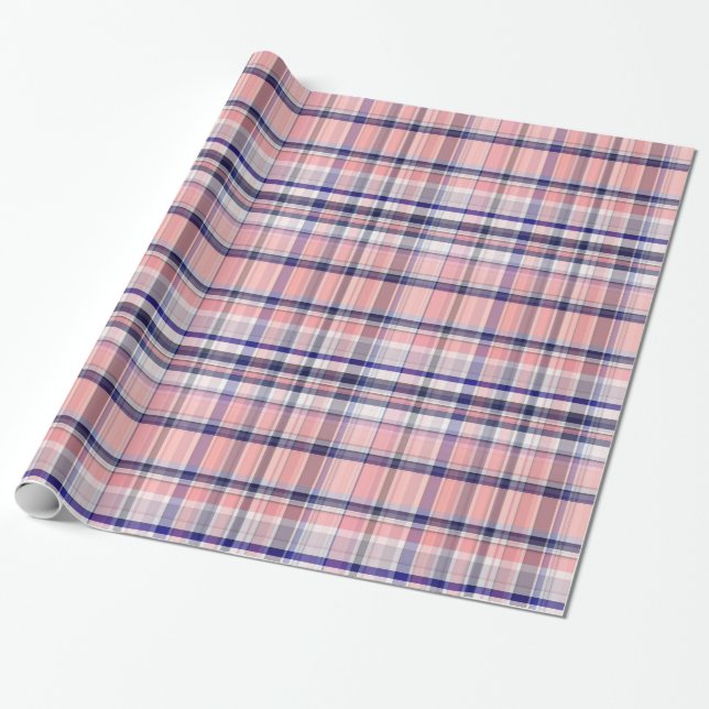 Papier Cadeau Marine Rose Bleu Blanc Preppy Madras Plaid (Déroulé)