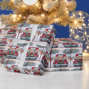 Papier Cadeau Marionnettes Golden Retriever de Noël en camion ré