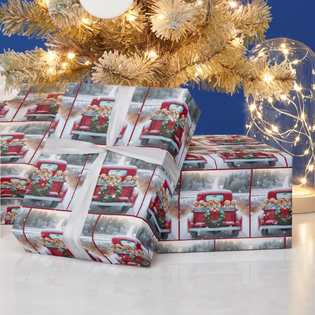 Papier Cadeau Marionnettes Golden Retriever de Noël en camion ré (Vacances)