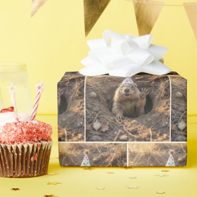Papier Cadeau Marmotte avec un chapeau de fête d'anniversaire (Fête d'anniversaire)