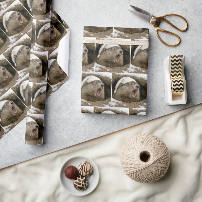Papier Cadeau Marmotte bâillant portant un bonnet de nuit (Artisanat)
