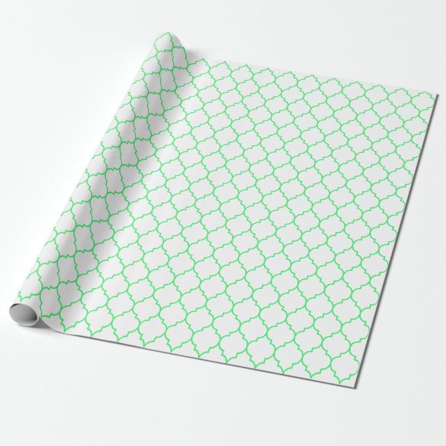 Papier Cadeau Marocain Quatrefoil vert clair sur le blanc (Déroulé)