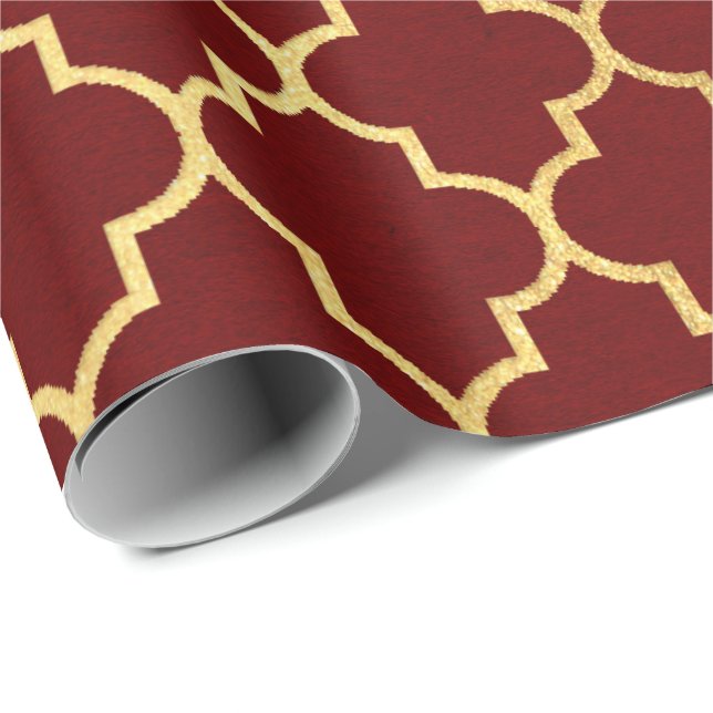 Papier Cadeau Maron rouge bordeaux Golden Quatrefoil Art Déco (Coin rond)
