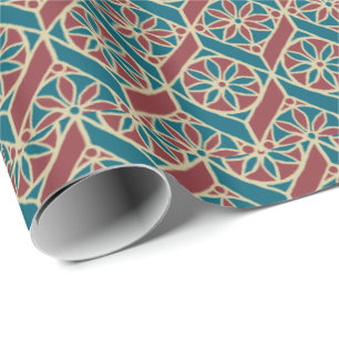 Papier Cadeau Maroon, Motif ethnique Turquoise, Fleurs, Chevrons