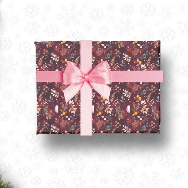 PAPIER CADEAU MAROON NOËL DÉCORATION FESTIVE PLUTÔT FLORALE (MAROON CHRISTMAS FESTIVE DECORATION FEATHER FLORAL WRAPPING PAPER)