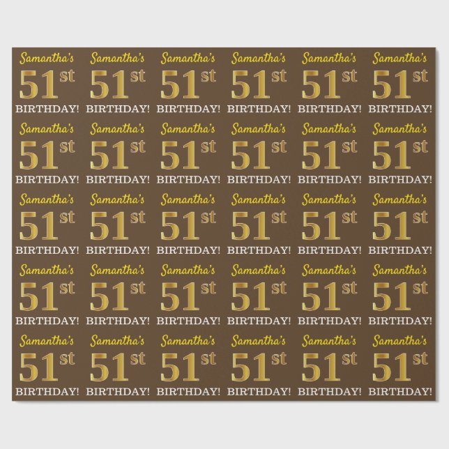 Papier Cadeau Marron, aspect or imitation "51e ANNIVERSAIRE" (Plat)