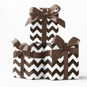 Papier Cadeau Marron Chocolat et Chevron Blanc