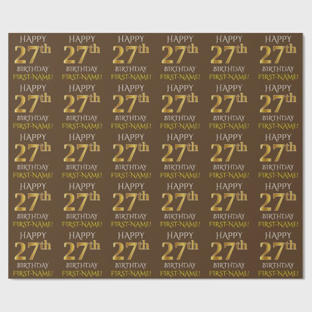 Papier Cadeau Marron, Faux Or "Joyeux 27e ANNIVERSAIRE" (Plat)