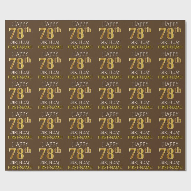 Papier Cadeau Marron, Faux Or "Joyeux 78e ANNIVERSAIRE" (Plat)