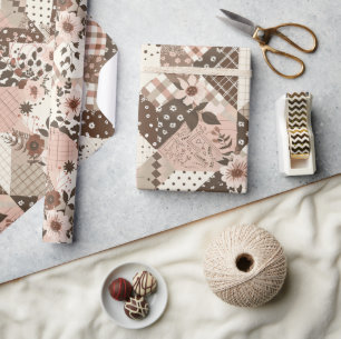 Papier Cadeau Marron Rose Patchwork Floral Cottagecore Gingham