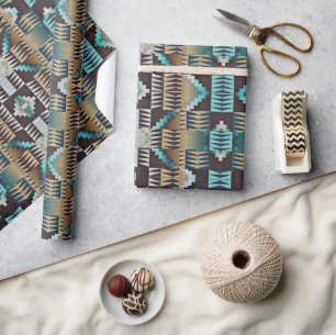 Papier Cadeau Marron Taupe Beige Aqua Turquoise Bleu Art Tribal
