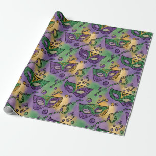 Papier Cadeau Masques et perles de Mardi Gras violet vert jaune